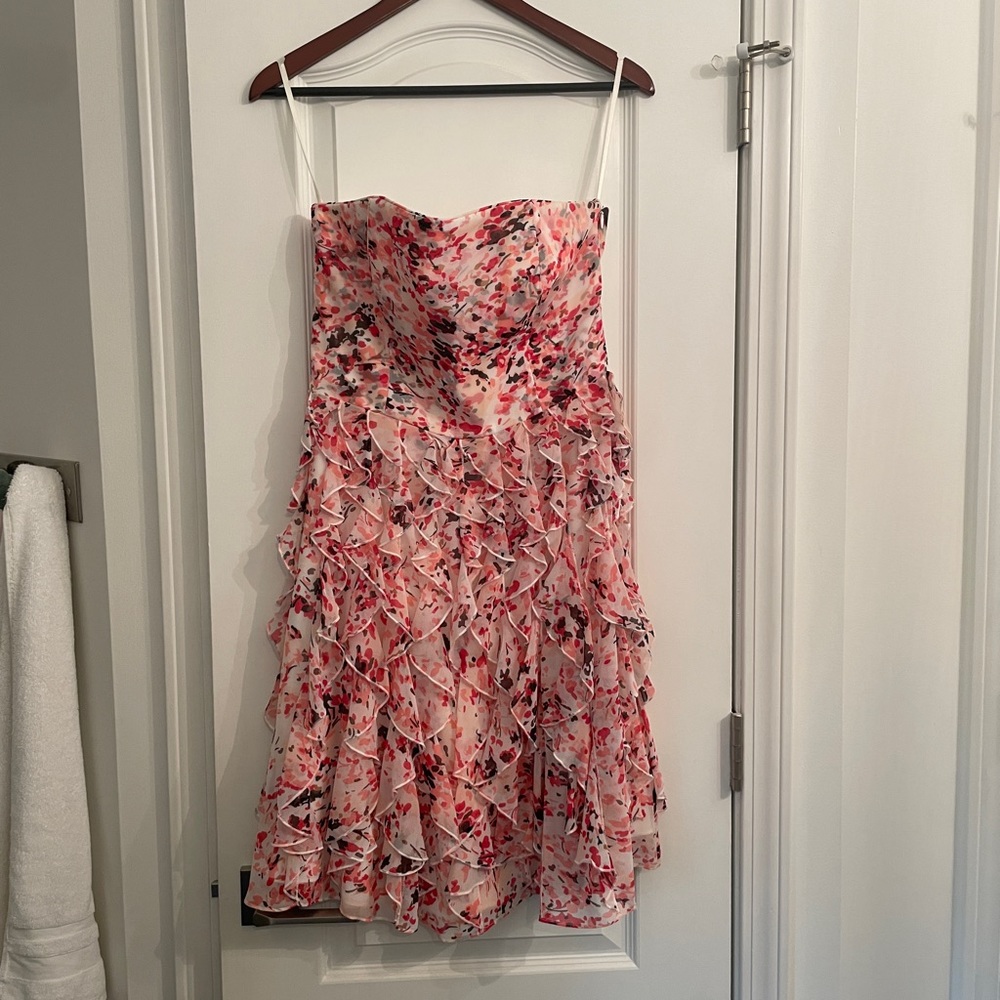 Like new White House Black Market strapless pink ruffle dress.